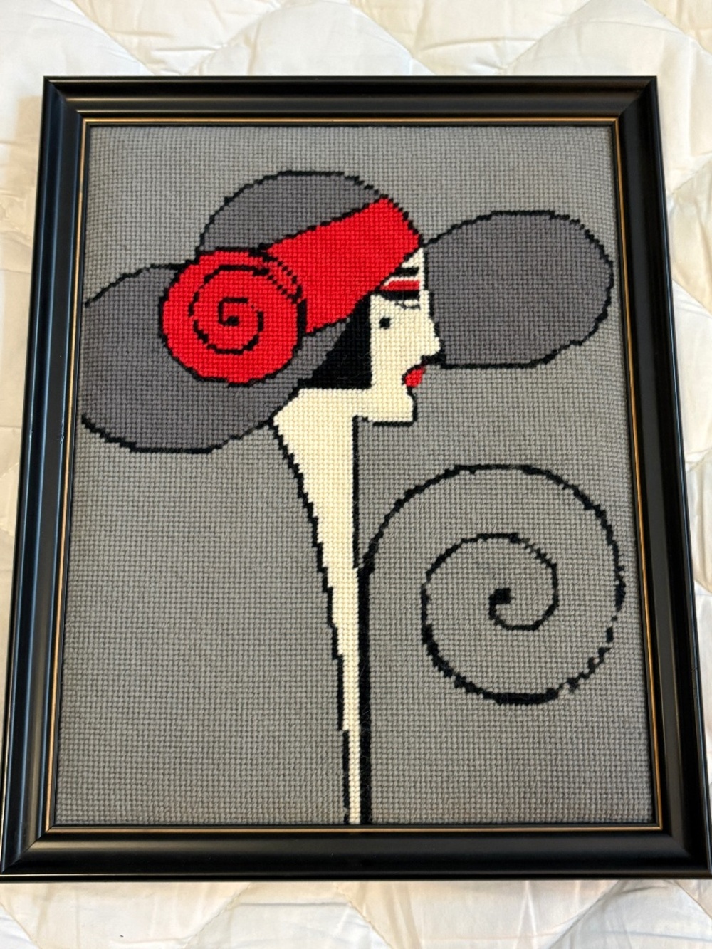 Vintage Framed Art Deco Style Needlepoint – "Lady in Red Rose Hat"